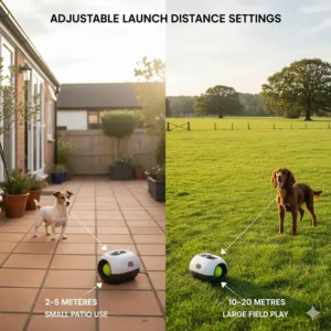 Diagram showing adjustable launch distances suitable for small UK patios or large open fields.