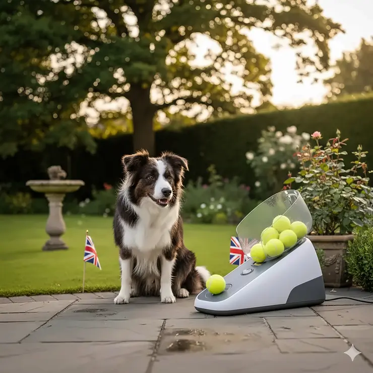 A Border Collie waiting for a tennis ball to launch from the best automatic ball launcher for dogs in a leafy UK garden. best automatic ball launcher for dogs uk