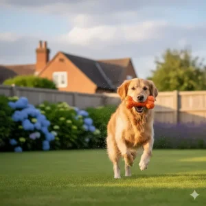 A happy Golden Retriever playing with a bright orange squeaky dog toy on a green lawn in a British garden.