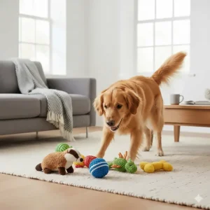 A happy Golden Retriever playing with a variety of colourful, fluffy toys for dogs on a living room rug.
