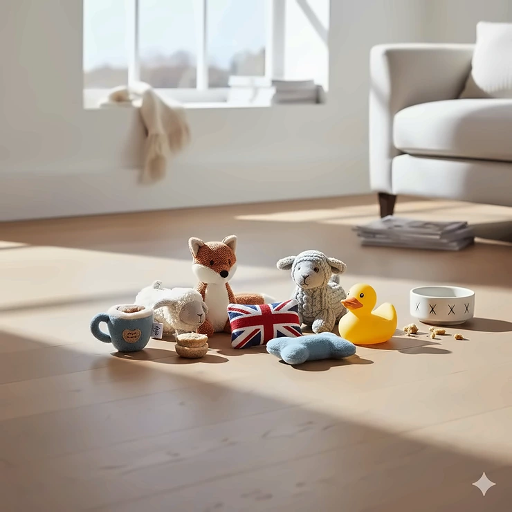 A collection of colourful plush dog toys, including squeaky plushies and soft fabric ropes, arranged on a wooden floor.