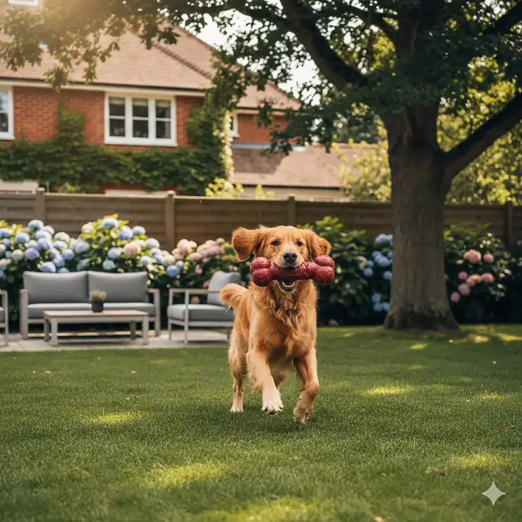 A large golden retriever happily chewing a heavy-duty unbreakable dog toy in a leafy British garden. unbreakable dog toys