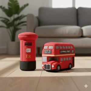 Novelty plush dog toys shaped like a British post box and a London bus.