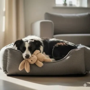 A Border Collie curled up in a dog bed with its favourite fluffy comfort toy.