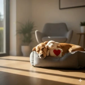 A calm dog sleeping in a bed with a soft plush toy for comfort and anxiety relief.