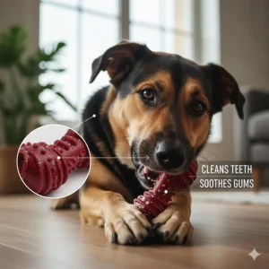 A textured unbreakable dog toy that helps clean teeth and soothe gums while a dog chews to improve dental health.