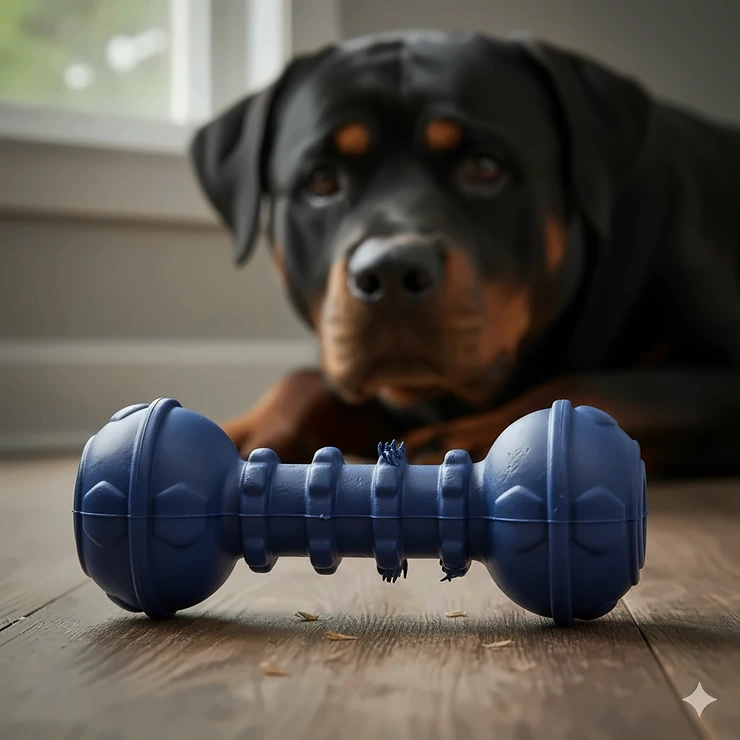 A close-up of a heavy-duty rubber squeaky toy designed for aggressive chewers and large dog breeds. dog toys squeaky