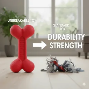 A side-by-side comparison showing a shredded standard soft toy next to an intact, heavy-duty unbreakable dog toy.