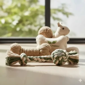 Sustainable dog toys made from natural cotton rope with an internal squeaker for eco-conscious UK pet owners.