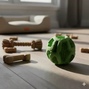 Sustainable and durable dog toys made from recycled materials and non-toxic dyes.