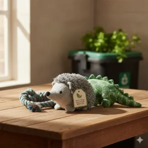 Sustainable plush dog toys made from 100% recycled plastic bottles and natural dyes.