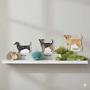 A size guide comparing small, medium, and large fluffy toys for dogs against common UK breeds.