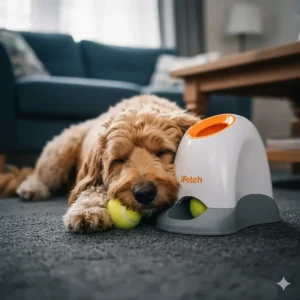 An exhausted but happy Cockapoo resting next to the iFetch ball launcher after a successful play session.