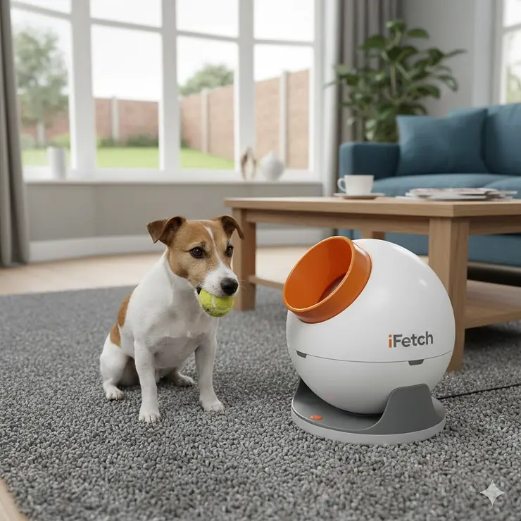 A Jack Russell Terrier waiting for a mini tennis ball to be launched from the iFetch automatic ball launcher on a living room carpet. ifetch ball launcher review
