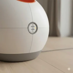 Close-up of the distance adjustment button on the rear of the iFetch showing the 3, 6, and 9-metre settings.