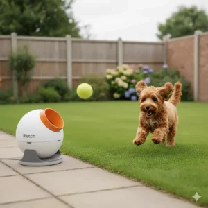 A small dog chasing a ball launched by the iFetch across a typical British lawn in a fenced garden.