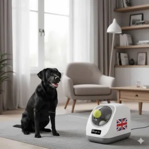 A Labrador playing with a ball launcher in a British living room, demonstrating indoor distance settings.