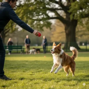 A person about to throw a squeaky tennis ball for their dog during a walk in a UK park.