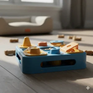 A colourful, durable dog toy designed for mental stimulation and treat dispensing.