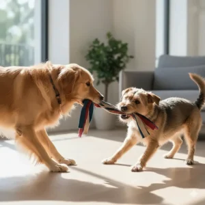 Two dogs playing a gentle game of tug with a long, unstuffed fluffy dog toy.