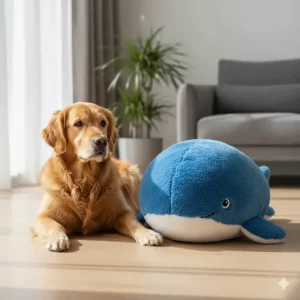 A large plush dog toy positioned next to a Golden Retriever to show scale for bigger breeds.