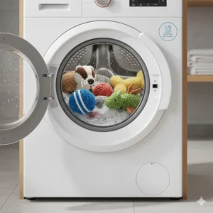 An icon showing that these fluffy toys for dogs are fully machine washable for easy cleaning.