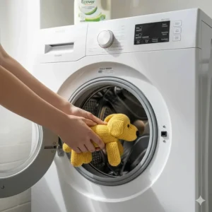 A plush dog toy being placed into a washing machine to demonstrate easy cleaning.