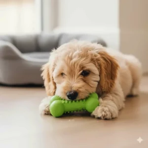 A small Cockapoo puppy chewing on a soft, textured squeaky toy specifically designed for teething.