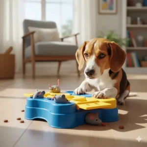 A treat-dispensing puzzle toy that includes a squeaky element to provide mental stimulation for dogs.
