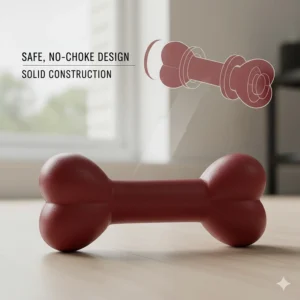 A diagram showing the solid construction of a safe, chew-proof dog toy with no small parts that could break off.