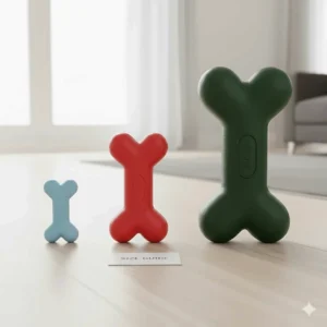 A comparison layout showing different sizes of squeaky bones to help owners choose the right fit for their breed.