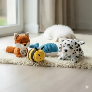 A collection of soft plush squeaky toys in fun animal shapes, suitable for puppies and small dogs.