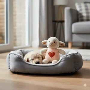 A small, soft plush dog toy designed for puppies, featuring a comforting heartbeat simulator.