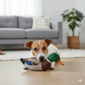 An interactive plush dog toy in the shape of a mallard duck with an internal squeaker.
