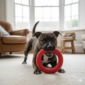 A Staffordshire Bull Terrier playing with a durable, puncture-resistant ring toy on a rug in a modern UK living room.