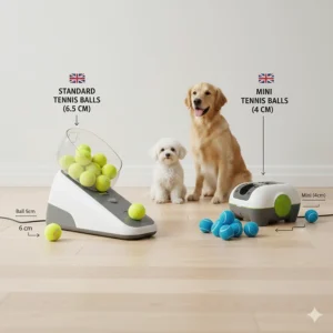 Comparison of standard 6.5cm tennis balls vs mini balls used in different UK launcher models.