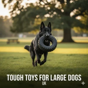 A large German Shepherd carrying a thick, indestructible rubber tyre toy in its mouth during a walk.