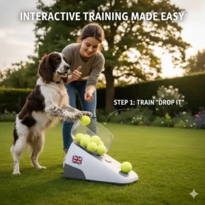 An owner training a Spaniel to drop a ball into the hopper of an automatic launcher.