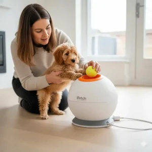 An owner showing a puppy how to drop a ball into the top funnel of the iFetch ball launcher during a training session.