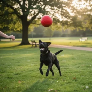 An unbreakable ball for dogs being thrown across a grassy park, ideal for interactive outdoor play and exercise.