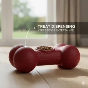 An unbreakable dog toy shaped like a bone that can be stuffed with treats to keep dogs mentally stimulated.