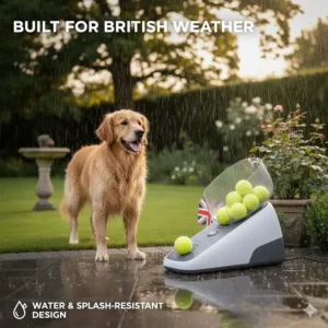 A durable, water-resistant dog ball machine standing up to typical damp British weather.