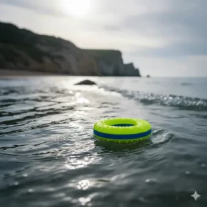 A bright, high-visibility durable dog toy that floats in water, perfect for coastal walks.