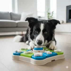A Border Collie solving a complex Outward Hound advanced puzzle toy by sliding and rotating parts to find rewards.