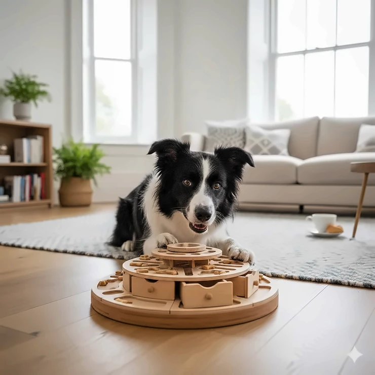 A focused Border Collie using an advanced dog puzzle toy with sliding compartments on a wooden floor in a UK home. advanced dog puzzle toys