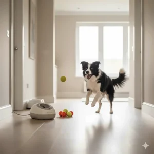 An indoor automatic ball launcher helping a high-energy dog stay active in a hallway.