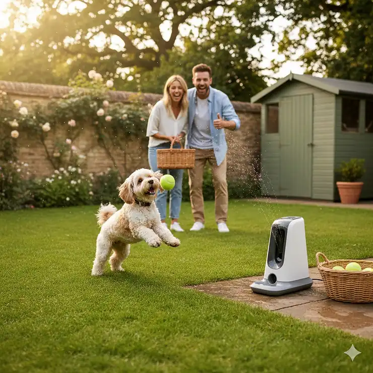 A small Terrier cross playing with an automatic ball launcher for small dogs on a green lawn in a UK garden. automatic ball launcher for small dogs