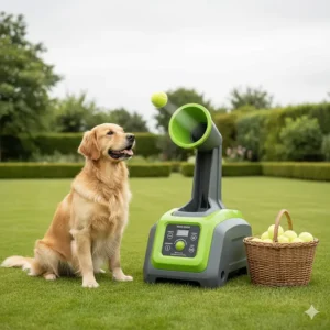 An automatic ball thrower for large dogs with adjustable distance settings, perfect for high-energy breeds in a spacious garden.