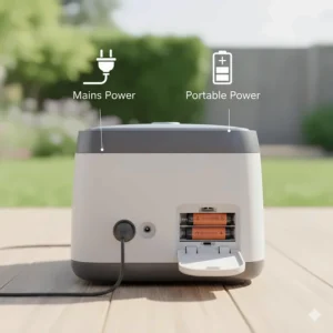 An icon showing both a UK 3-pin mains plug and battery compartment for portable use in the park.