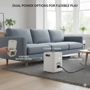 Illustration showing the ball launcher being powered by both a UK 3-pin mains plug and batteries for portability.